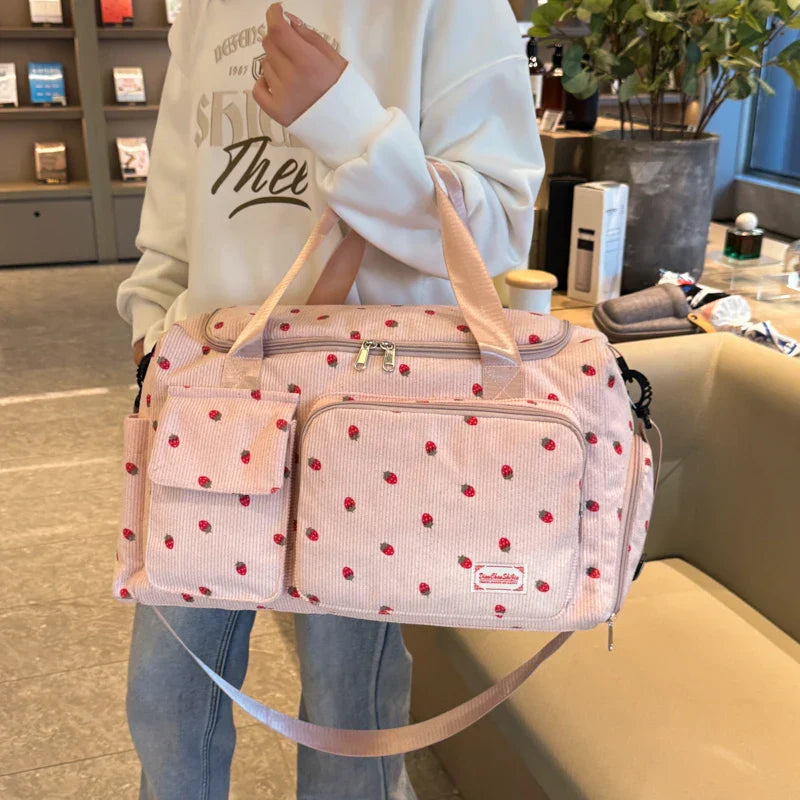 Sac Duffle en Velours Côtelé Écru à Fraises