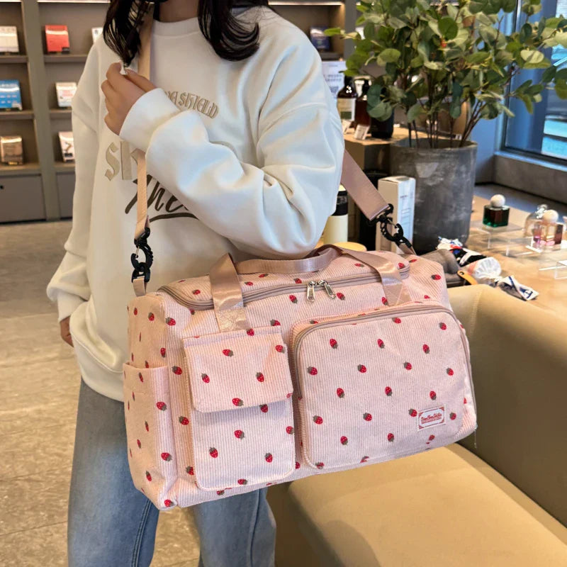 Sac Duffle en Velours Côtelé Écru à Fraises