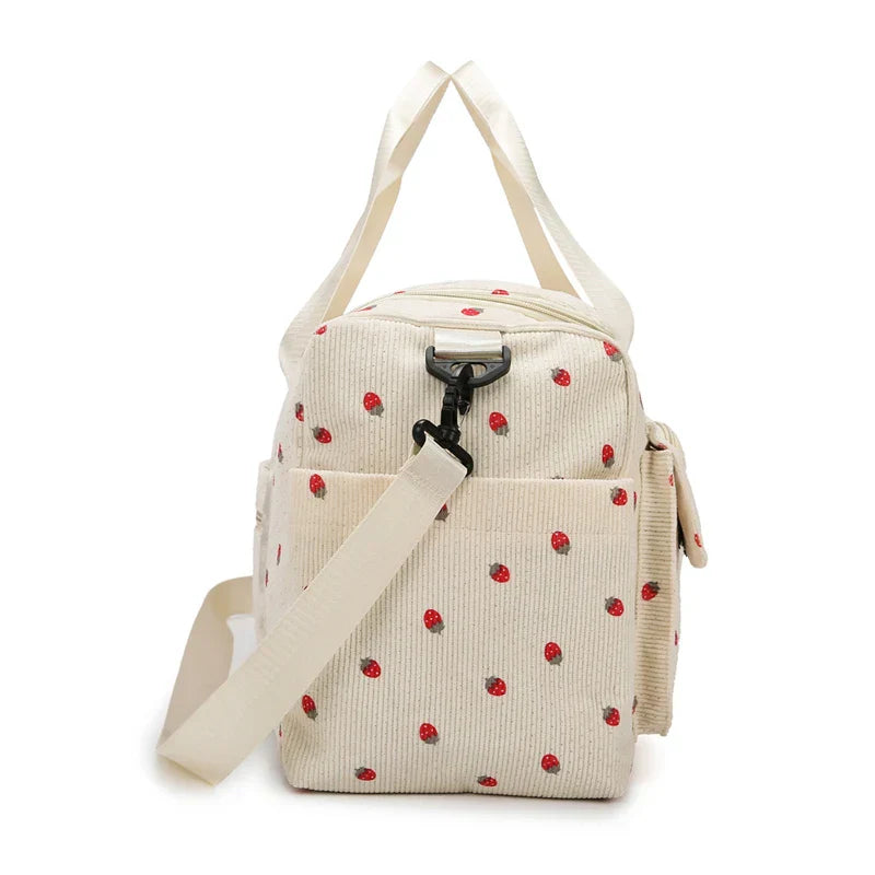 Sac Duffle en Velours Côtelé Écru à Fraises