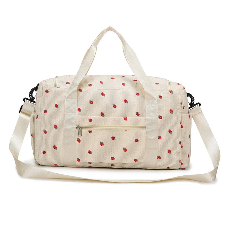 Sac Duffle en Velours Côtelé Écru à Fraises