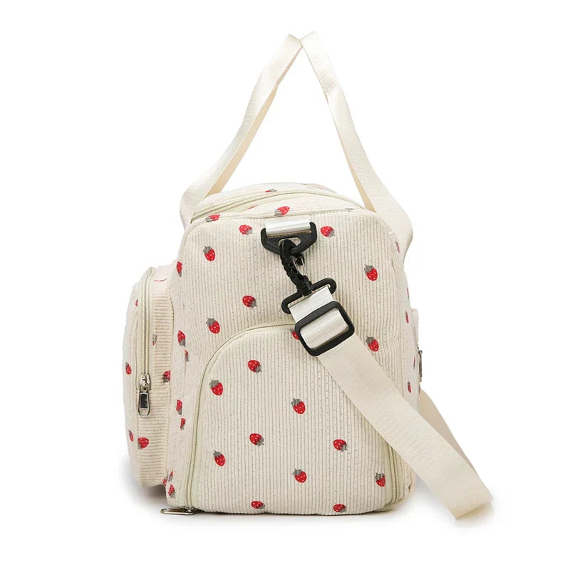 Sac Duffle en Velours Côtelé Écru à Fraises