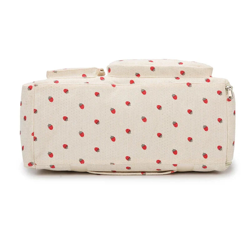 Sac Duffle en Velours Côtelé Écru à Fraises