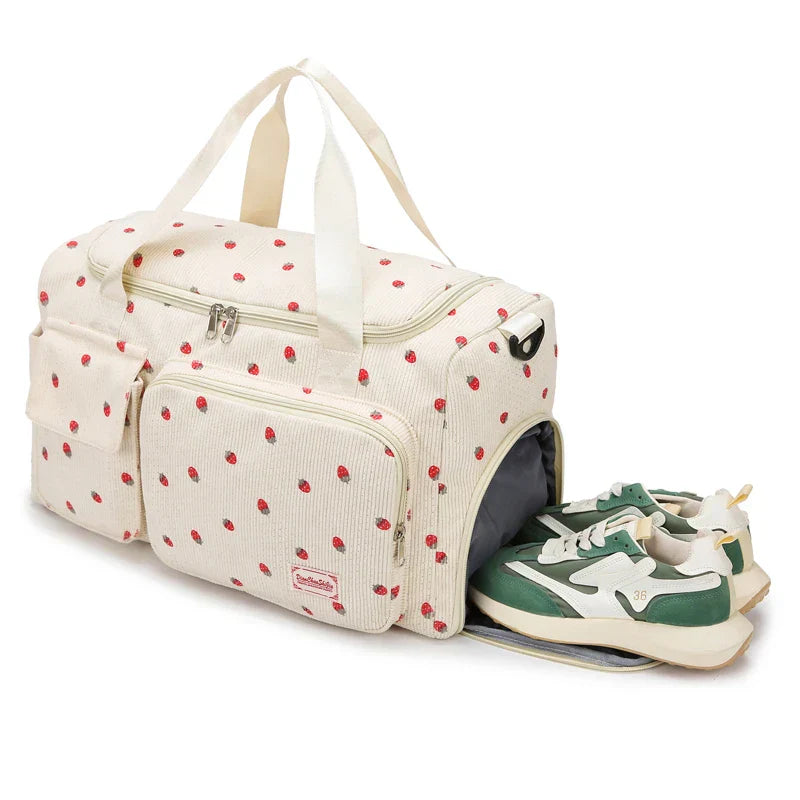 Sac Duffle en Velours Côtelé Écru à Fraises