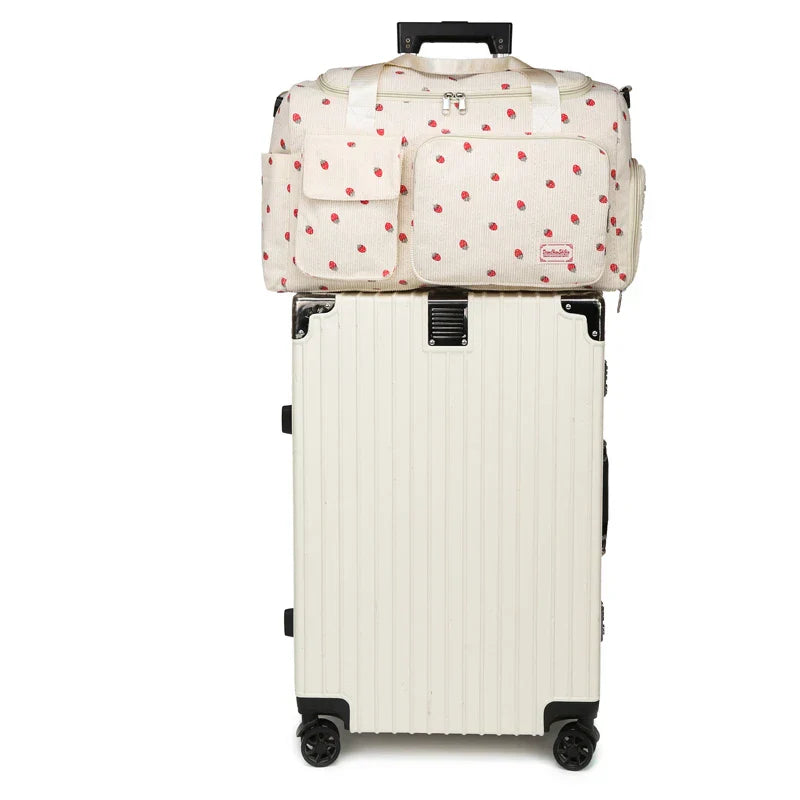 Sac Duffle en Velours Côtelé Écru à Fraises