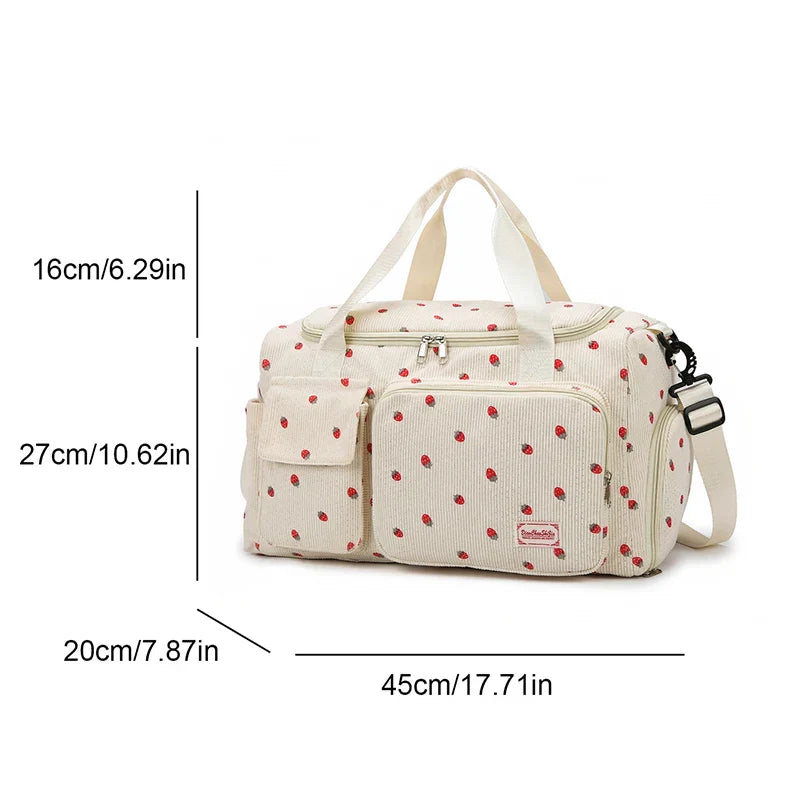 Sac Duffle en Velours Côtelé Écru à Fraises