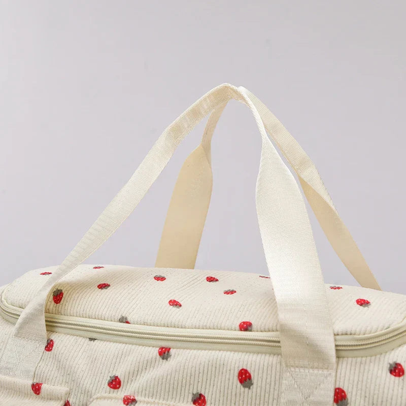 Sac Duffle en Velours Côtelé Écru à Fraises