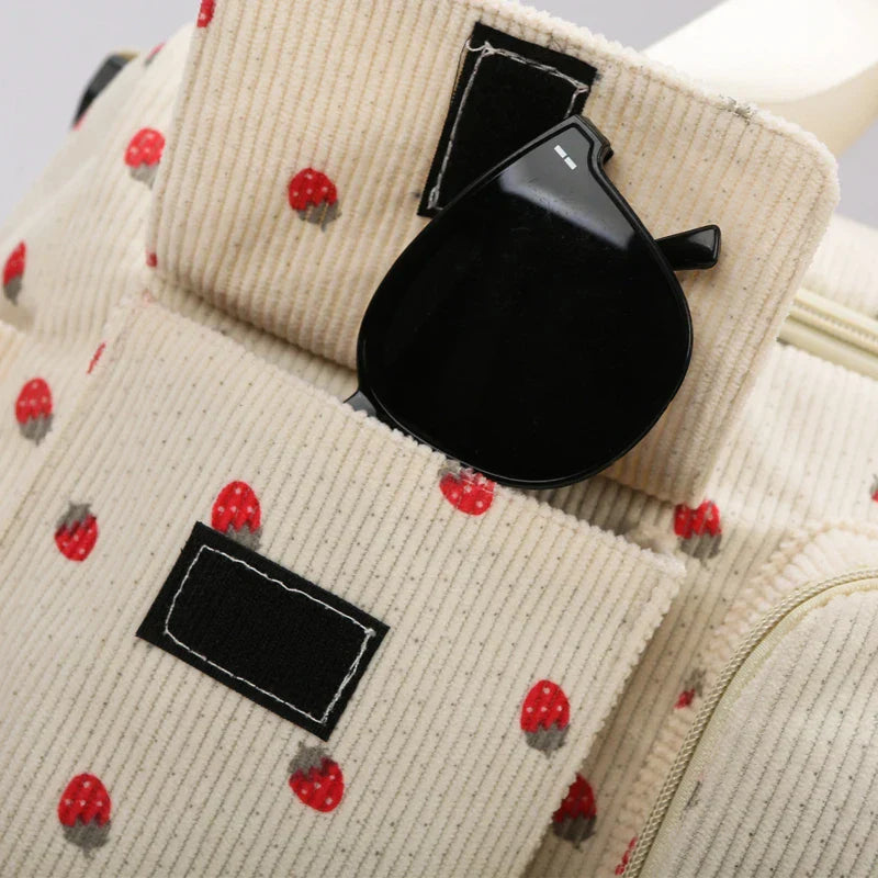 Sac Duffle en Velours Côtelé Écru à Fraises