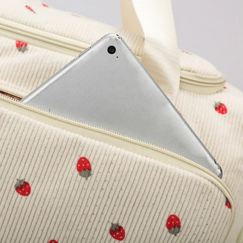 Sac Duffle en Velours Côtelé Écru à Fraises