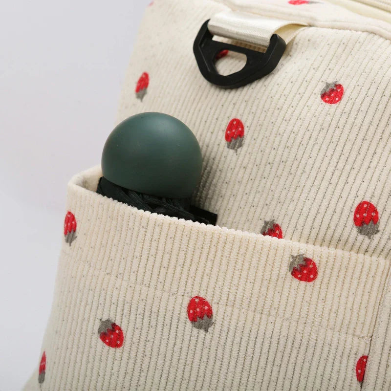 Sac Duffle en Velours Côtelé Écru à Fraises