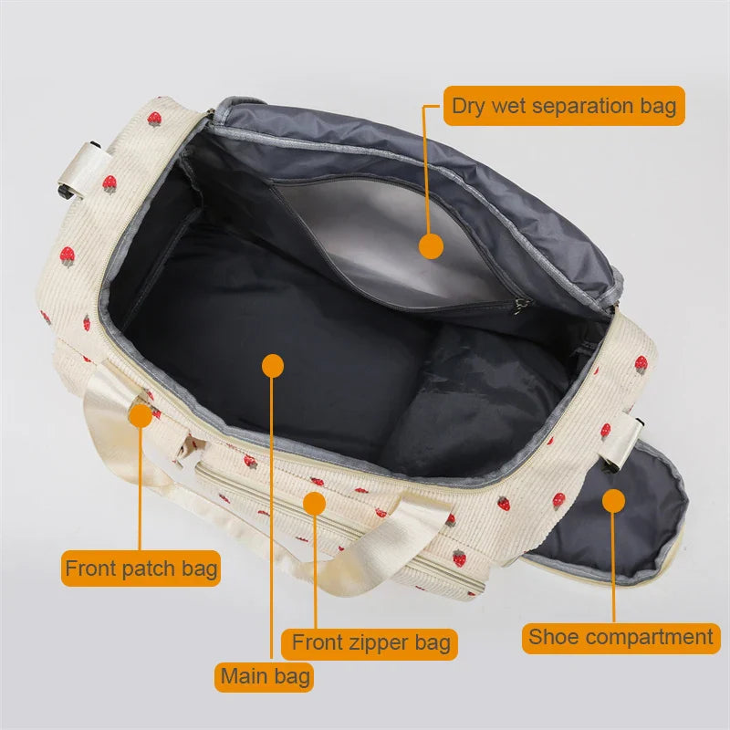 Sac Duffle en Velours Côtelé Écru à Fraises