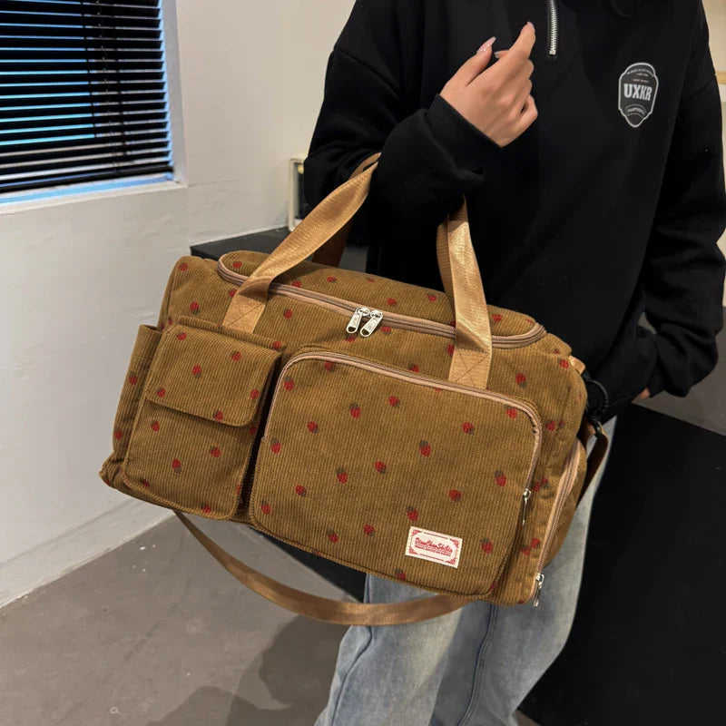 Sac Duffle en Velours Côtelé Écru à Fraises