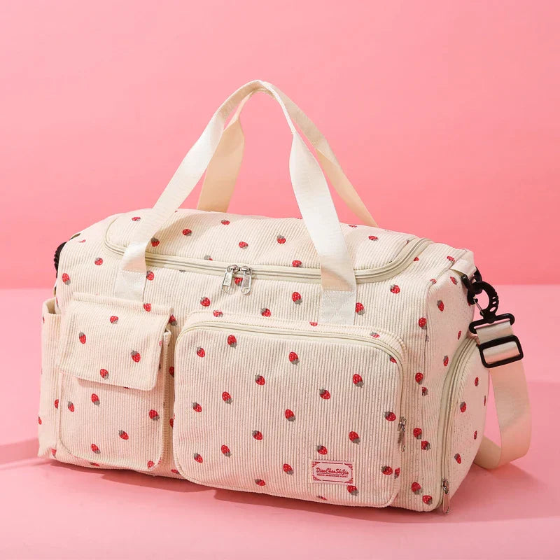 Sac Duffle en Velours Côtelé Écru à Fraises