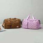 Sac Duffle en Velours Côtelé Écru à Fraises