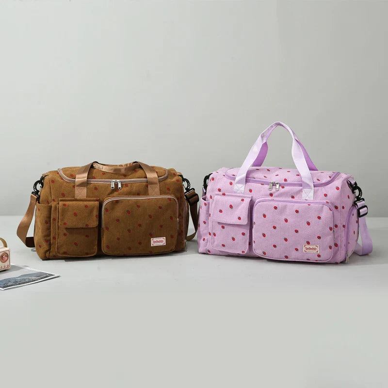 Sac Duffle en Velours Côtelé Écru à Fraises