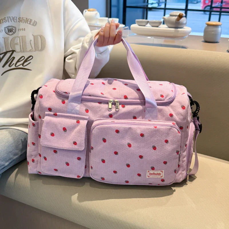 Sac Duffle en Velours Côtelé Écru à Fraises