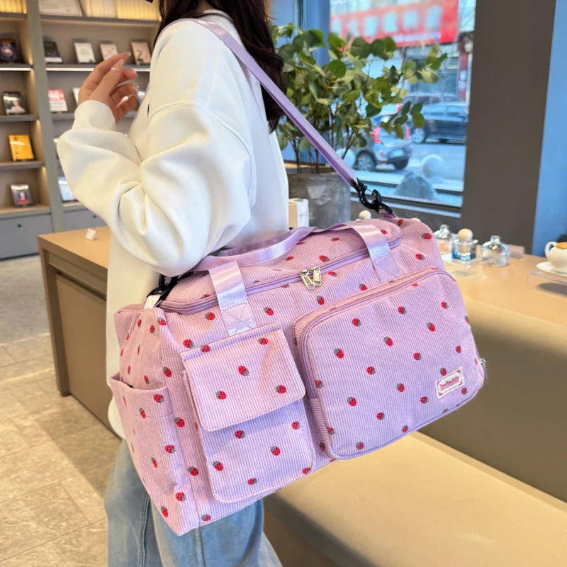 Sac Duffle en Velours Côtelé Écru à Fraises