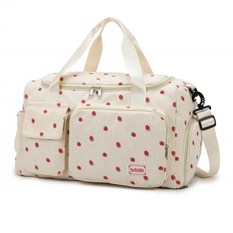 Sac velours côtelé motif fraise avec compartiment chaussures - Câlin Kawaii