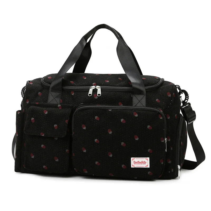 Sac velours côtelé motif fraise avec compartiment chaussures - Câlin Kawaii