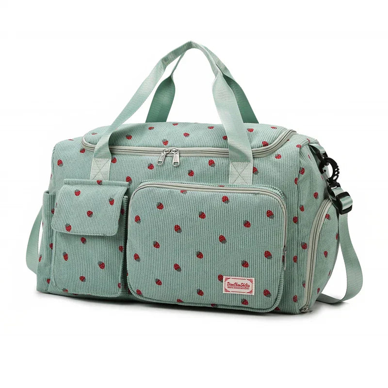 Sac velours côtelé motif fraise avec compartiment chaussures - Câlin Kawaii