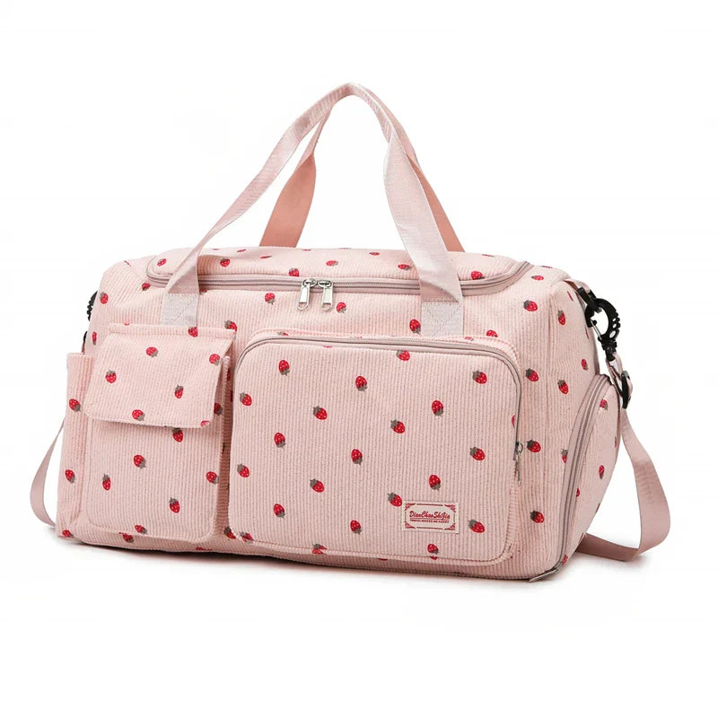 Sac velours côtelé motif fraise avec compartiment chaussures - Câlin Kawaii