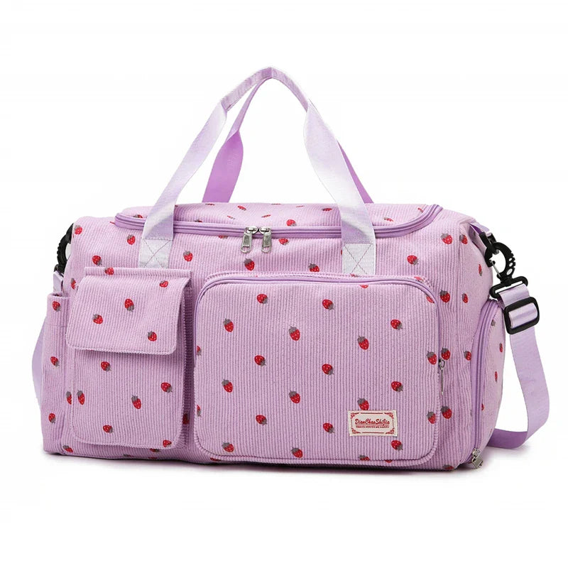 Sac velours côtelé motif fraise avec compartiment chaussures - Câlin Kawaii