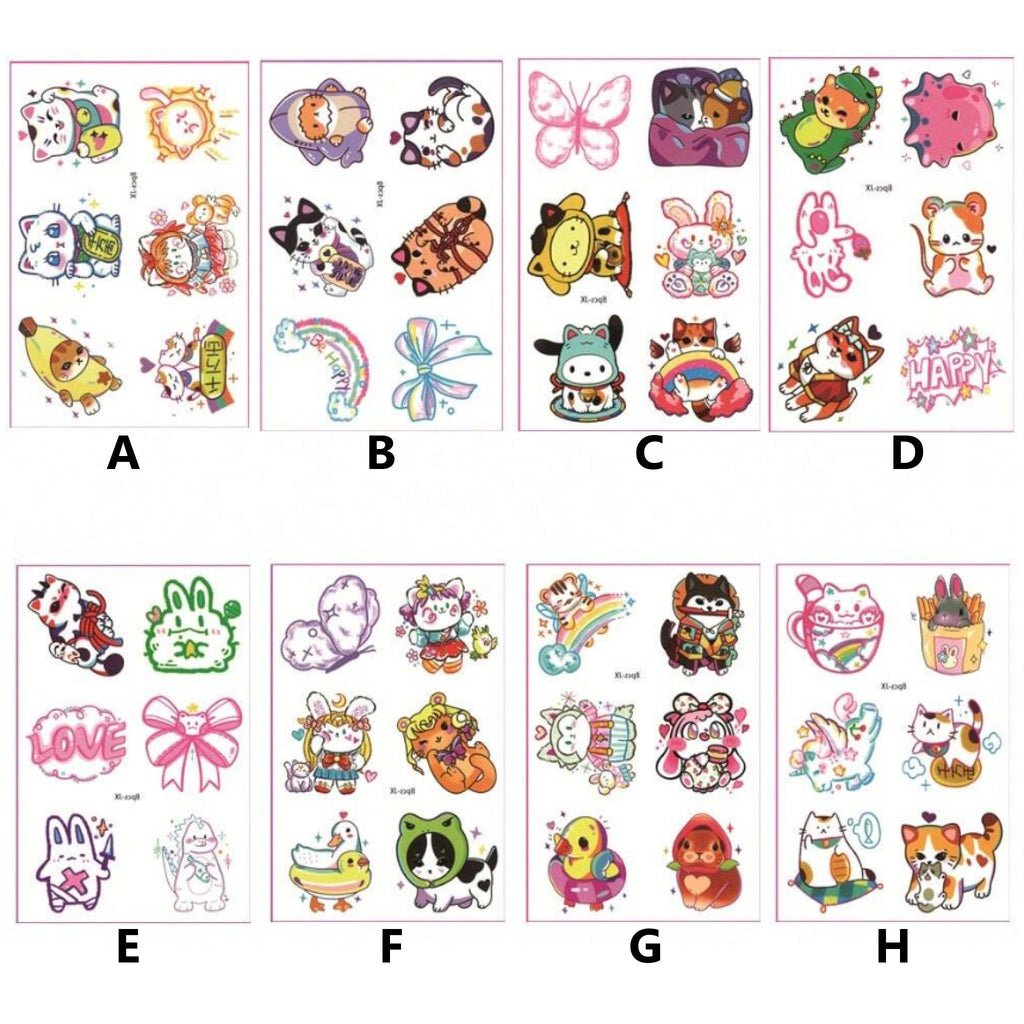 Lot de 6 Tatouages Éphémères Kawaii