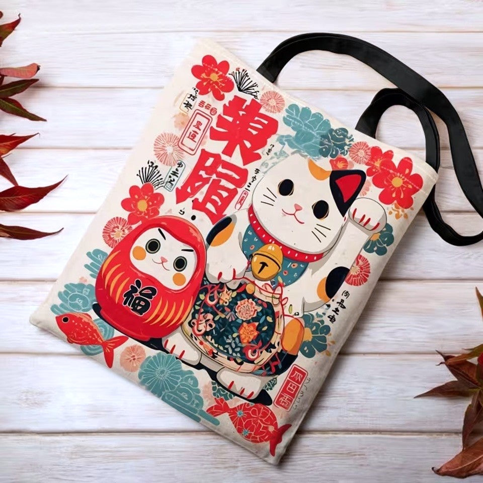 Sac Cabas en Toile Crème à Imprimé Maneki-Neko et Daruma