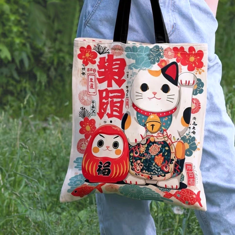 Sac Cabas en Toile Crème à Imprimé Maneki-Neko et Daruma
