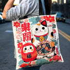 Sac Cabas en Toile Crème à Imprimé Maneki-Neko et Daruma