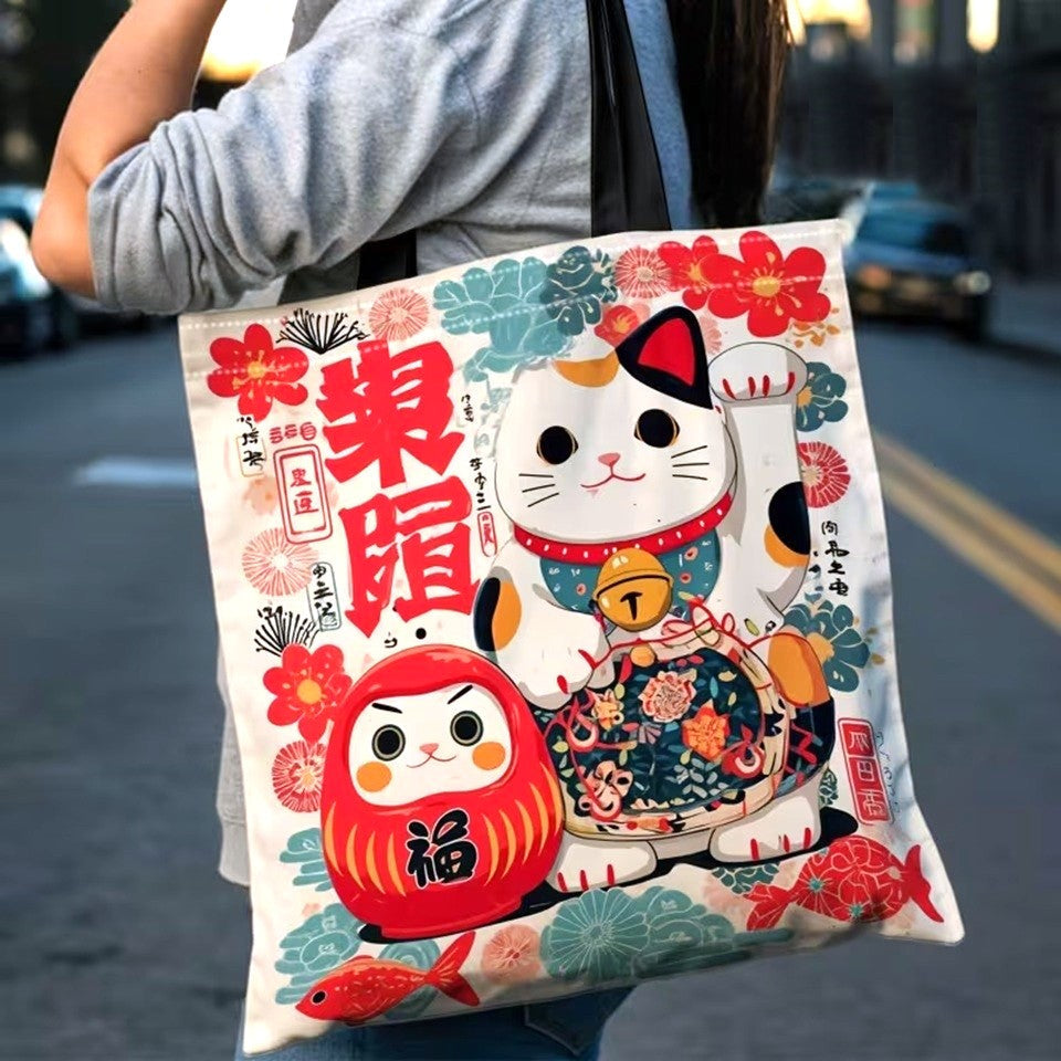 Sac Cabas en Toile Crème à Imprimé Maneki-Neko et Daruma