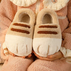 Chaussons en Peluche Patte de Chat Beige Rayés