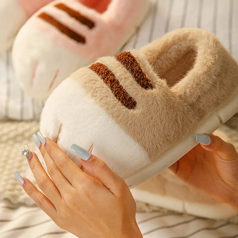 Chaussons en Peluche Patte de Chat Beige Rayés