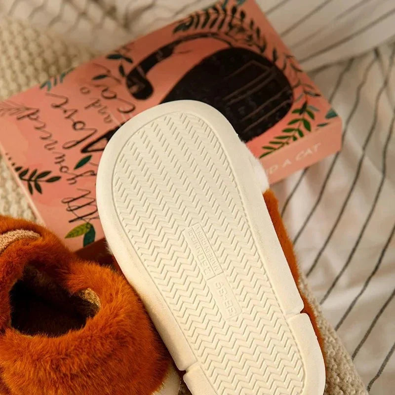 Chaussons en Peluche Patte de Chat Beige Rayés
