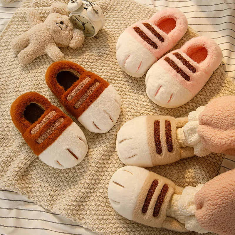 Chaussons en Peluche Patte de Chat Beige Rayés