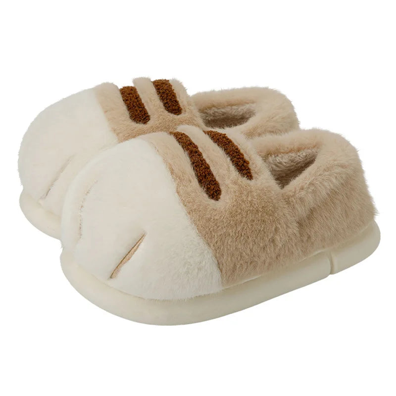 Chaussons en Peluche Patte de Chat Beige Rayés