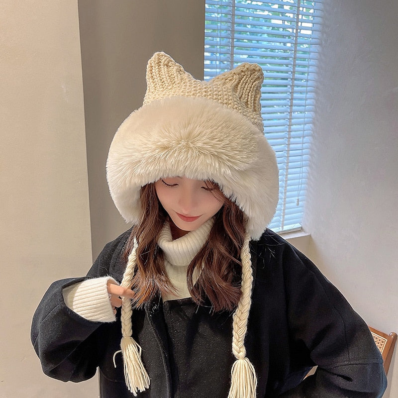 Bonnet à capuche pelucheux laineux à oreilles de chat - Câlin Kawaii