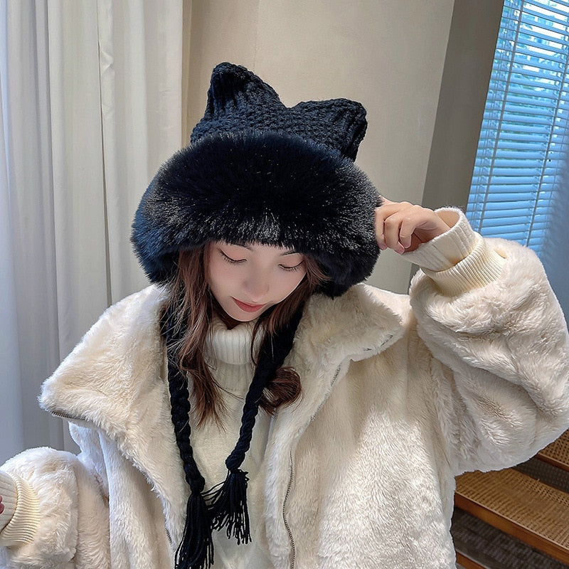 Bonnet à capuche pelucheux laineux à oreilles de chat - Câlin Kawaii