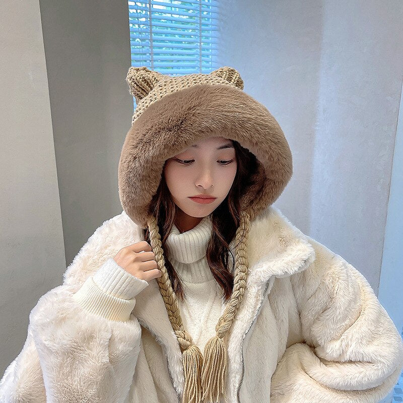 Bonnet à capuche pelucheux laineux à oreilles de chat - Câlin Kawaii