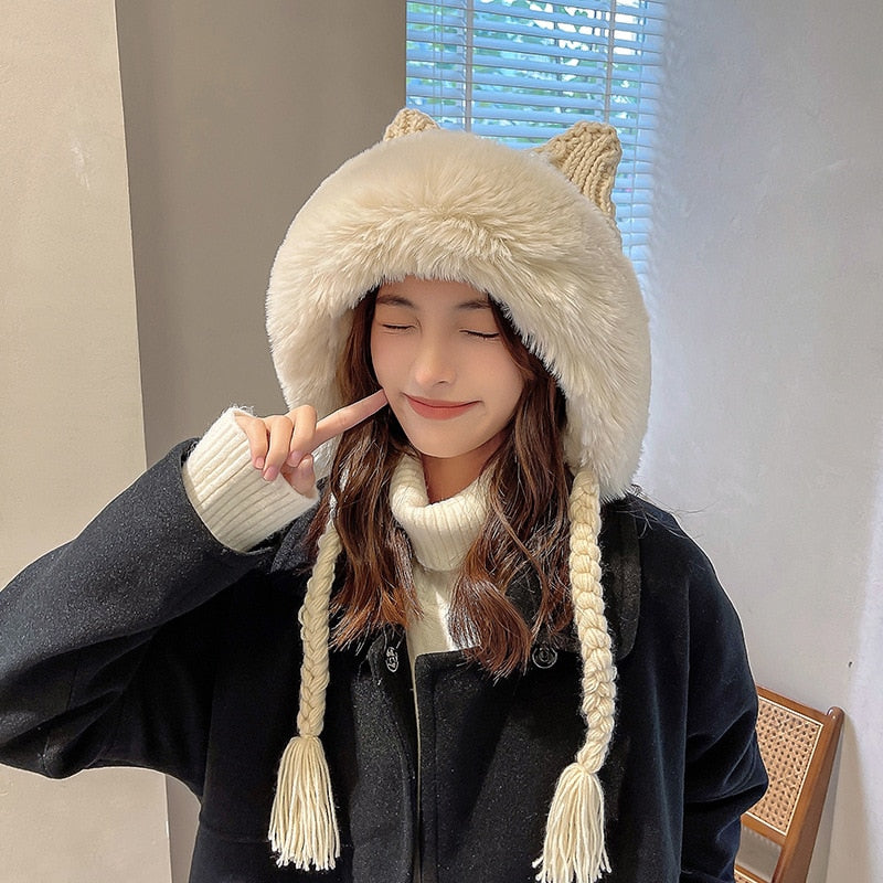Bonnet Écru à Oreilles de Chat en Fausse Fourrure