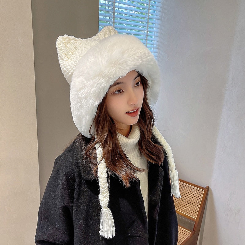 Bonnet Écru à Oreilles de Chat en Fausse Fourrure