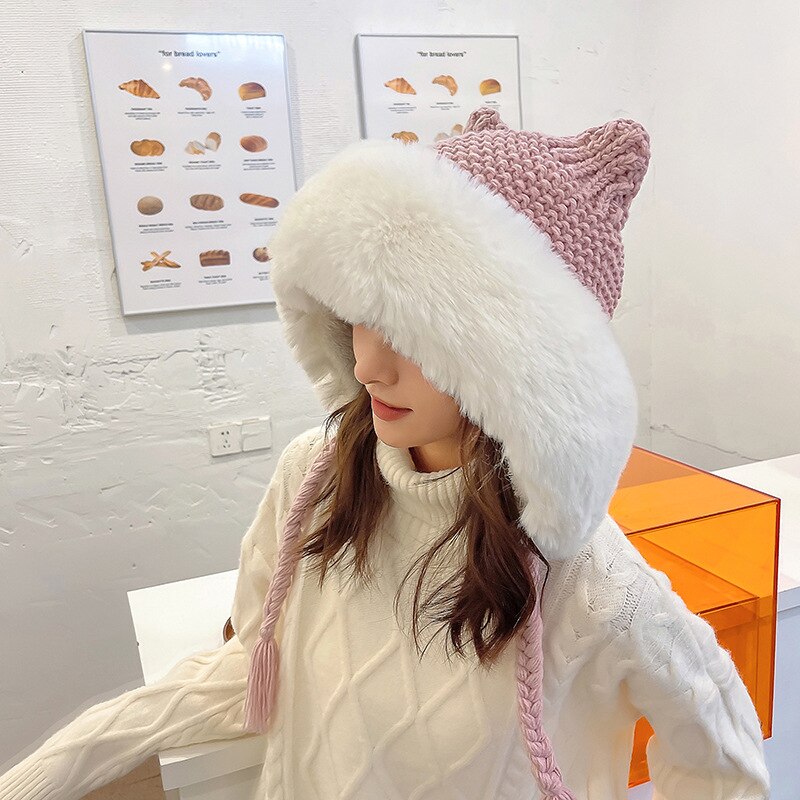 Bonnet à capuche pelucheux laineux à oreilles de chat - Câlin Kawaii