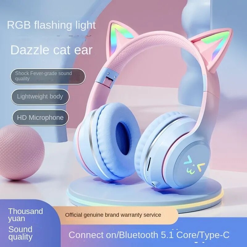 Casque Audio Violet Pastel à Oreilles de Chat LED