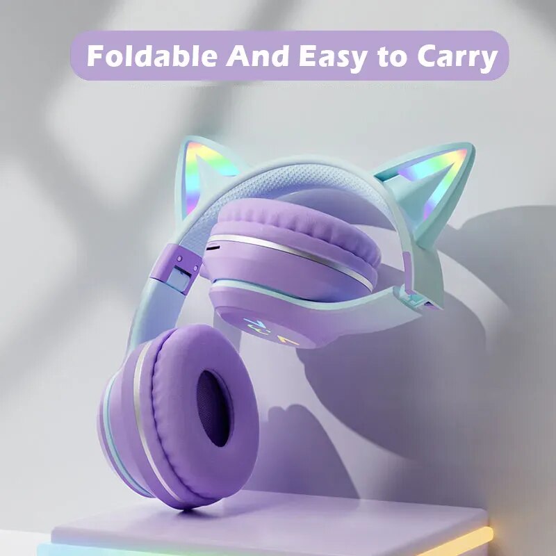 Casque Audio Violet Pastel à Oreilles de Chat LED