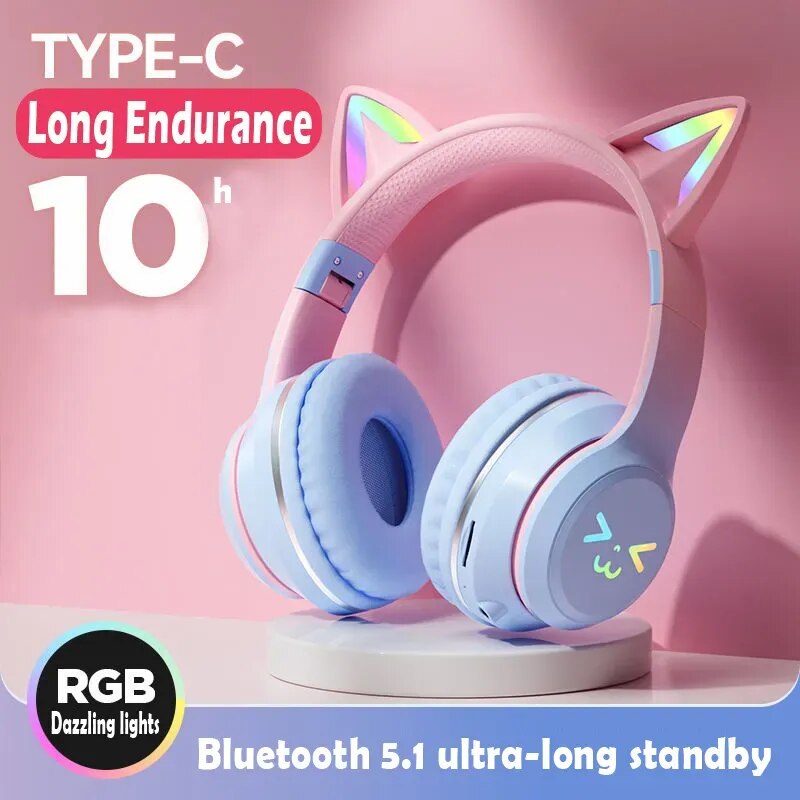 Casque Audio Violet Pastel à Oreilles de Chat LED