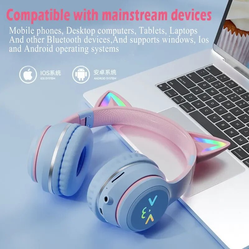 Casque Audio Violet Pastel à Oreilles de Chat LED