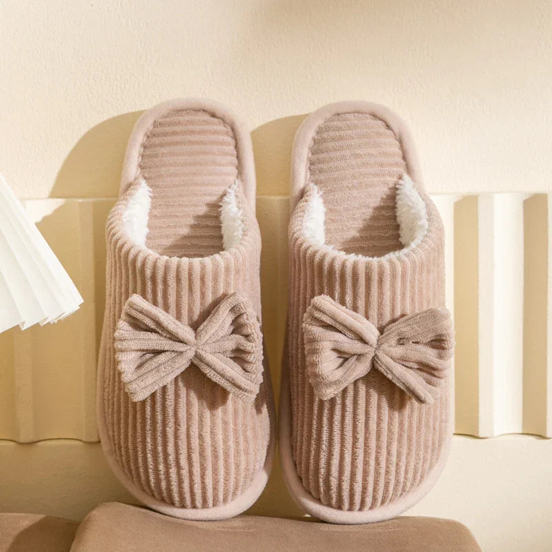 Chaussons femme velours côtelé nœud peluche d'intérieur hiver - Câlin Kawaii