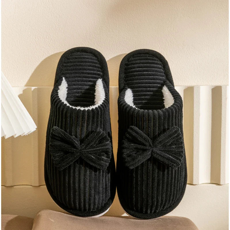 Chaussons femme velours côtelé nœud peluche d'intérieur hiver - Câlin Kawaii