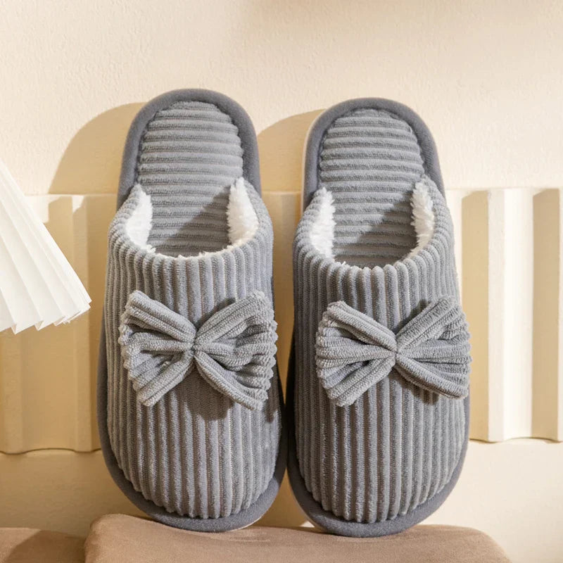 Chaussons femme velours côtelé nœud peluche d'intérieur hiver - Câlin Kawaii