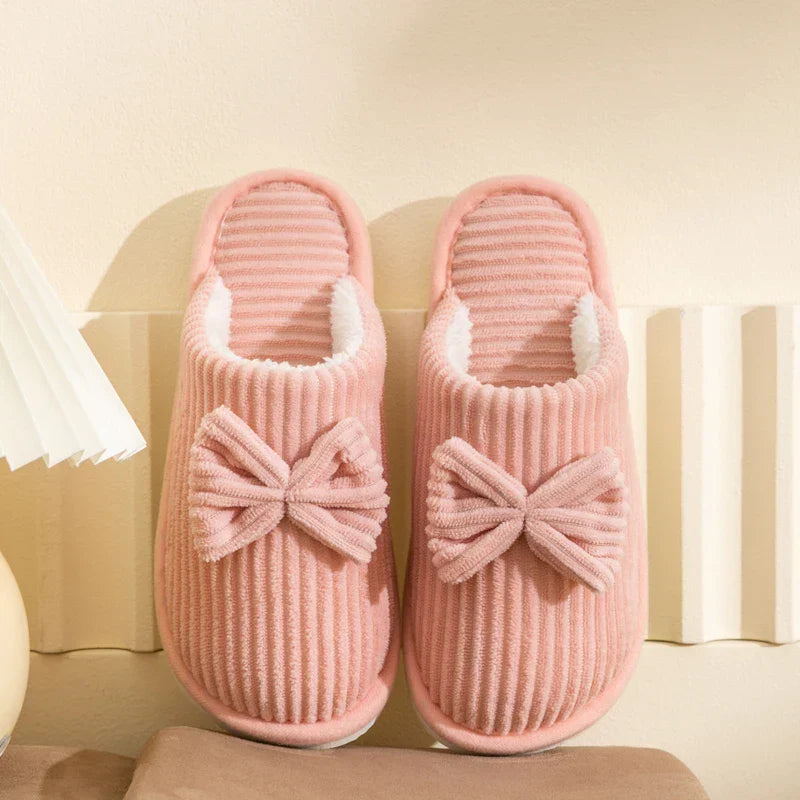 Chaussons femme velours côtelé nœud peluche d'intérieur hiver - Câlin Kawaii