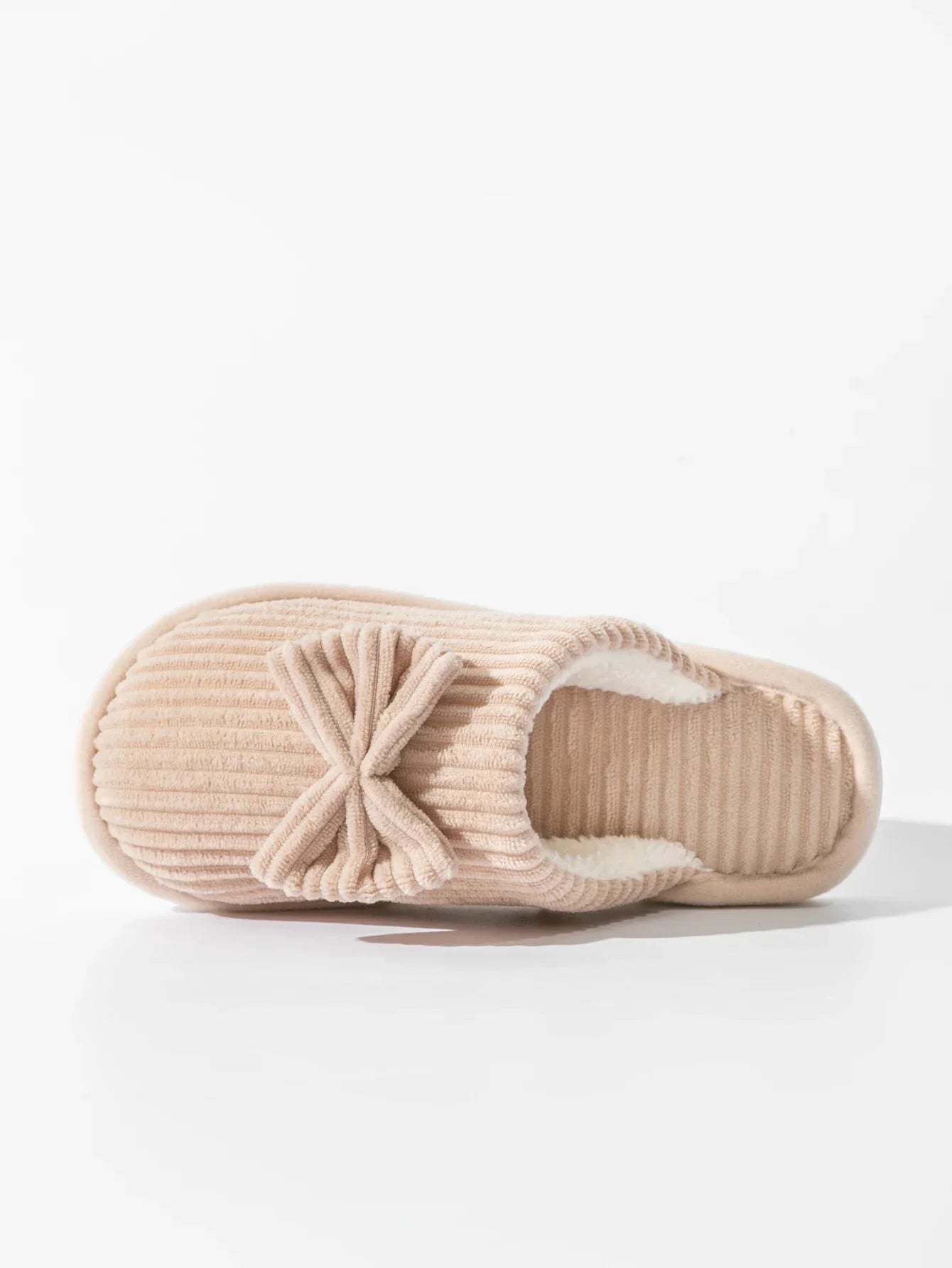 Chaussons en Peluche Côtelée Beige à Nœud